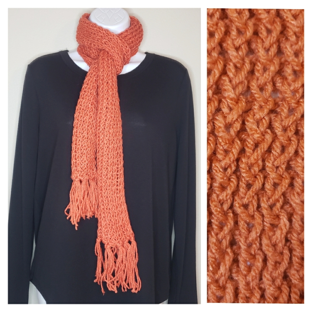 Orange Handcrafted Crochet Scarf with Fringe Edges
